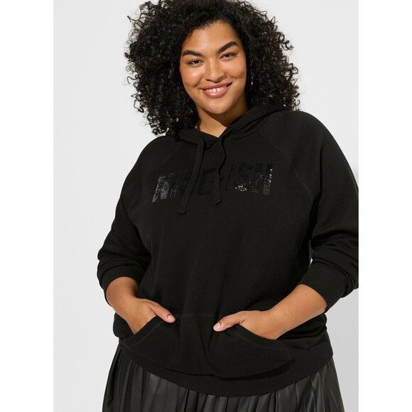 NWT Torrid 0 Deep Black Sequin Nice-Ish Classic Fit Cozy Fleece Pullover Hoodie - Picture 2 of 8